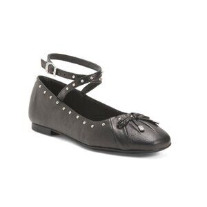 BOTTERO Black Made In Brazil Leather Studded Ballet Wrap Flats